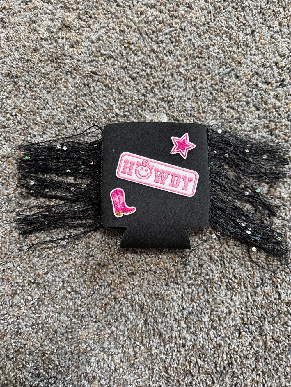 custom fringe can koozie with patches!